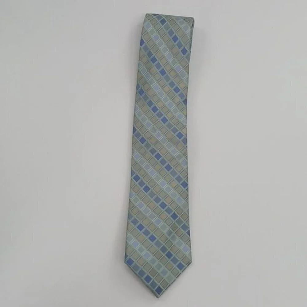 Perry Ellis Portfolio Mens 100% Silk Tie Blue Geometric Pattern Necktie
